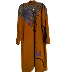 Vintage Boho Beppa Handmade Long Wool Folk Art Appliqué Open Coat